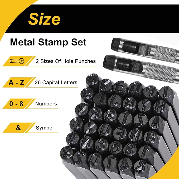 WorkBless 1/2-Inch Metal Stamping Kit, 36 Pack Steel Letter Stamp Set with 2 Punch Tools, Includes A-Z Alphabet, Number 0-8, & Symbol, for Metal, Wood, Leather, and Plastic Crafting