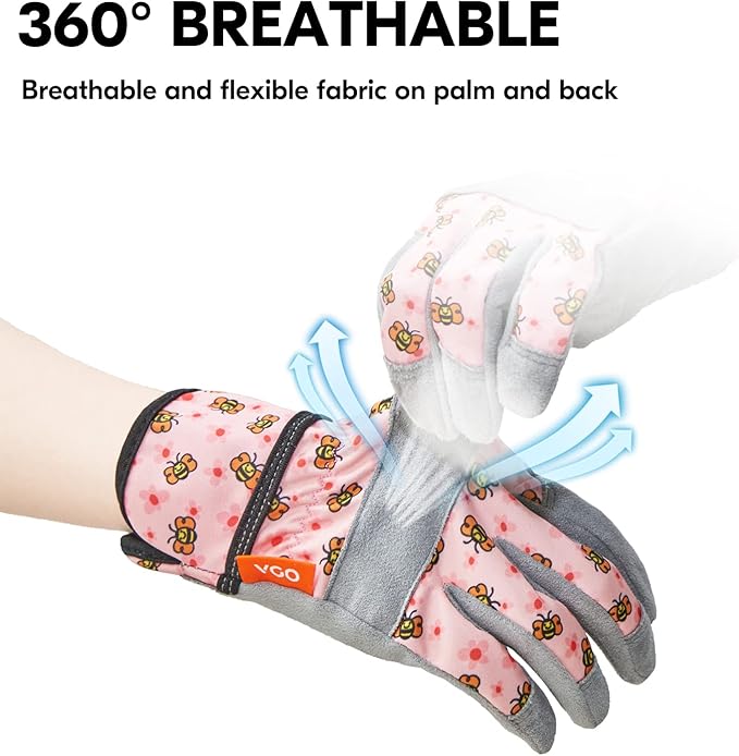 Vgo... 1-Pair Age 4-5 Kids Gardening Gloves,Children Yard Work Gloves,Soft Safety Outdoor Playing Gloves (Size S, Pink Bee, KID-MF3561)