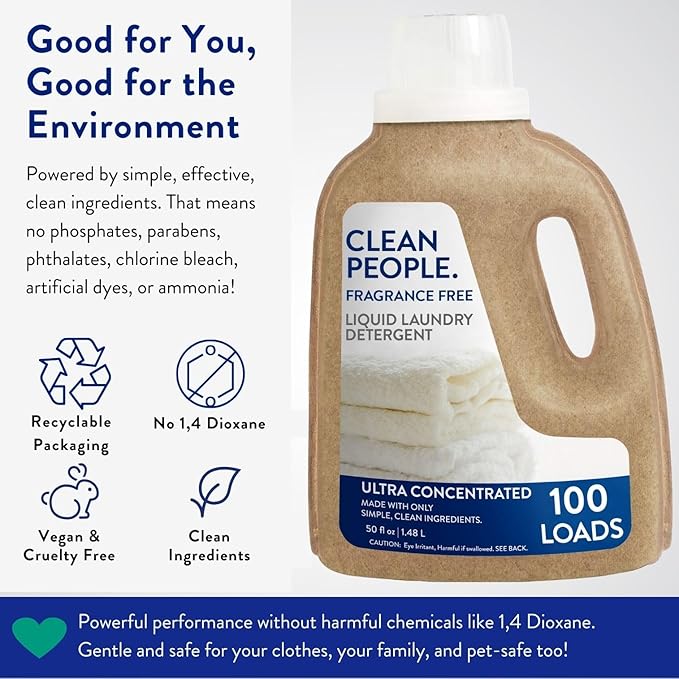 The Clean People Liquid Laundry Detergent - Recyclable Packaging, Stain Fighting - Ultra Concentrated, Laundry Soap - Fragrance Free, 50 fl oz (2 Pack)