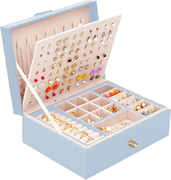 Girls Jewelry Box Earring Holder Organizer for Girls Jewelry Organizer Box Stud Earrings Organizer for Girls Womens Blue Jewelry Box for Earrings and Necklaces Rings Stud Earrings Box for Teen
