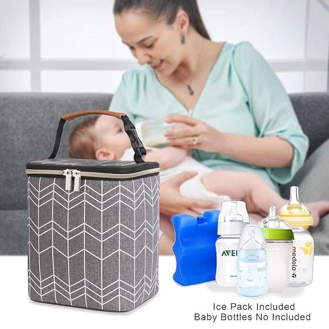Breast Milk Cooler Bag with Ice Pack Fits 4 Baby Bottles Up to 9 Ounce, Baby Bottle Bag Great for Nursing Mom Daycare, Grey