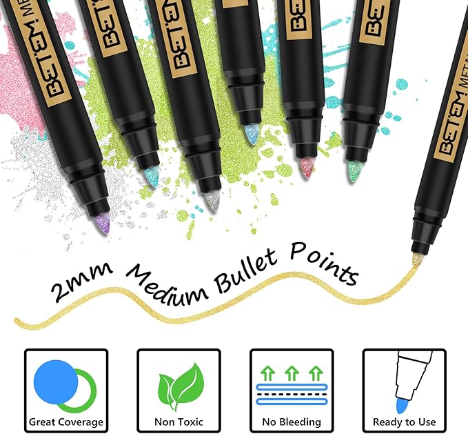Betem Metallic Paint Markers, 18 Colors Acrylic Paint Markers for Black Paper，2mm Medium Tips Metallic Glitter Pens for Scrapbooking, Rock Painting, Greeting Cards, Photo Albums, DIY Art Crafts