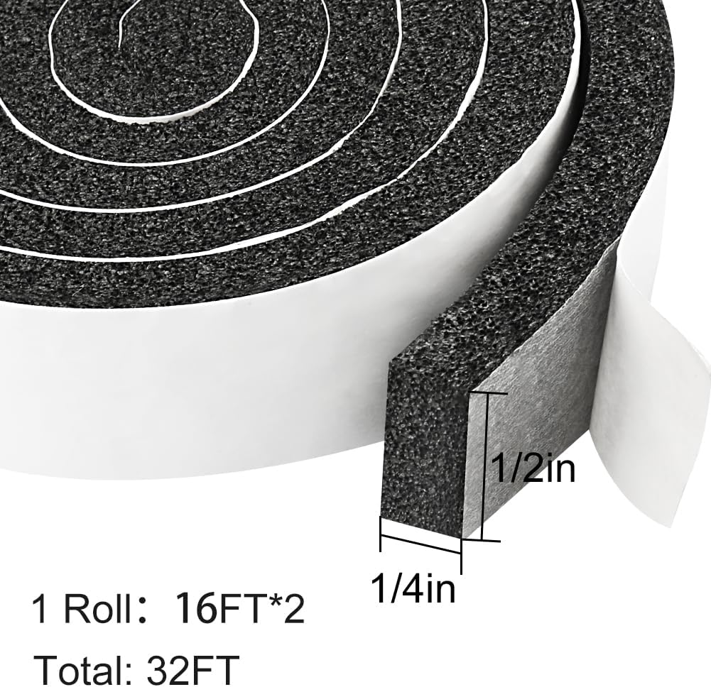 2 Rolls 1/2 Inch W 1/4 T Weather Stripping Air Conditioner Open Cell Foam Seal Tape, Window Insulation High Resilience Seal Strip for Doors Window,Total 32FT