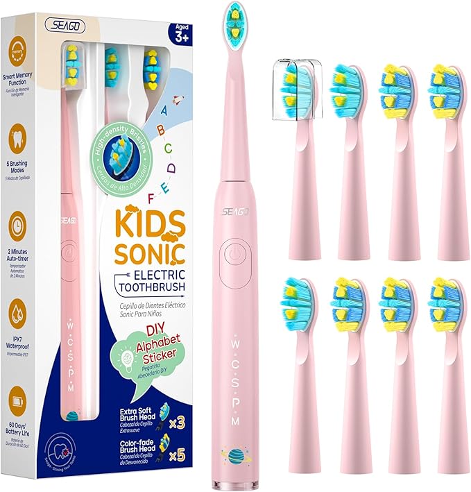 SEAGO Kids Electric Toothbrush, Rechargeable Sonic Soft Bristle Toothbrushes with 8 Brush Heads, DIY Stickers and 5 Modes, Ideal for Kids and Children, Ages 3–12,SG2303(Pink)