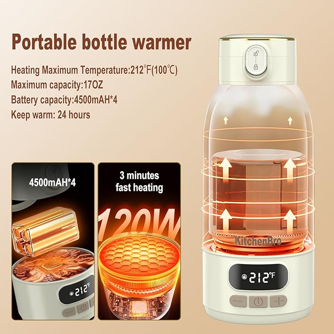 Portable Bottle Warmer for Travel-Various Heating Modes for Breast Milk& Water&Tea. 17 Ounces Large Capacity Portable Milk Warmer for Baby,Fast Heating Speed and Long Battery Life with High Capacity
