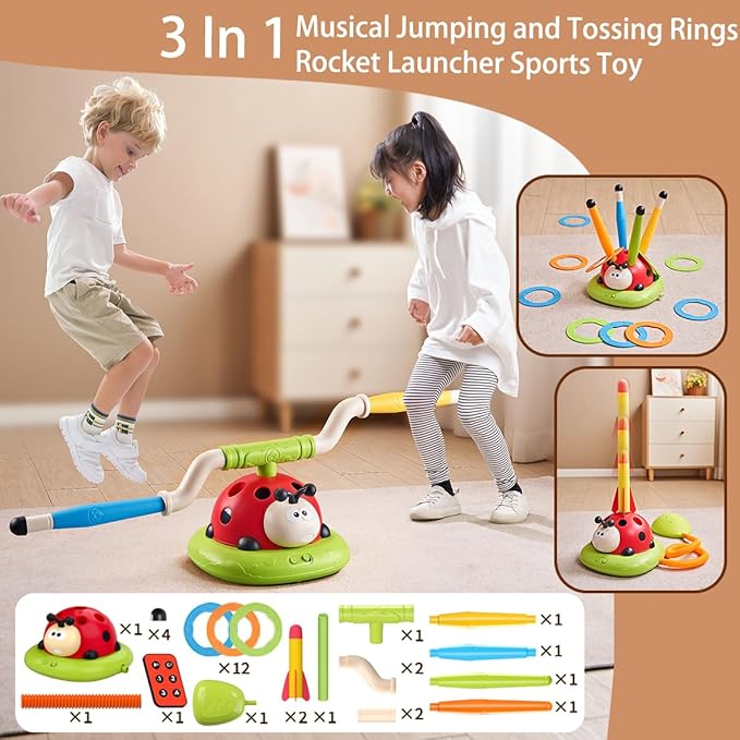 Powza 3 in 1 Musical Jump, Toss Ring Game and Stomping Launch Rocket Launcher for Kids Outdoor Toys with Remote Control, Indoor Outside Toy for Kids Ages 4-8 Toys for Ages 5-7 8-13 Birthday Gifts
