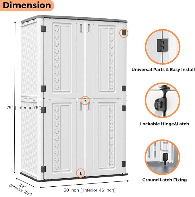 ZZM Resin Outdoor Storage Shed, 67 Cu.ft Vertical Resin Tool 4x6 FT Cabinet w/o Shelf for Garden, Patio, Backyard, All-Weather Outdoor Plastic Storage Clearance, Lockable with Floor (Light-White)