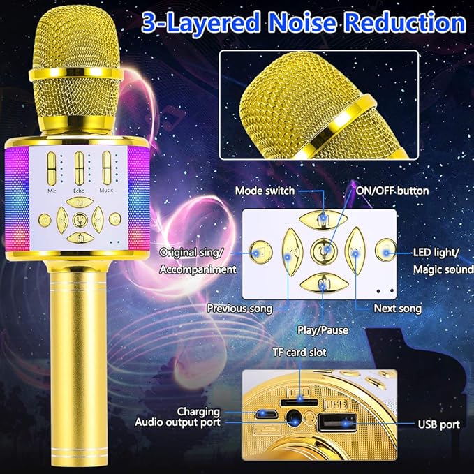 Amazmic Kids Karaoke Microphone Machine Toy Bluetooth Microphone Portable Wireless Karaoke Machine Handheld with LED Lights, Gift for Children Adults Birthday Party, Home KTV(Gold)