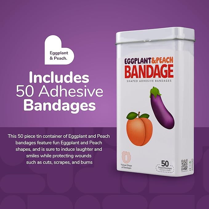 BioSwiss Bandages, Eggplant and Peach Shaped Adult Self Adhesive Bandage, Latex Free Sterile Wound Care, Funny First Aid Kit Supplies for Adults, 50 Count