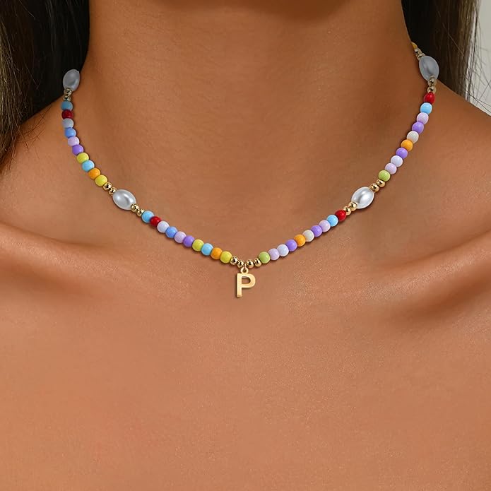 Colorful Initial Necklace for Girls Kids Women, Handmade 14K Gold Plated Colorful Initial A-Z Letter Necklace Teen Girls Gifts Trendy Stuff Birthday Gifts for 5 6 7 8 9 10 11 Year Old Girl Gift