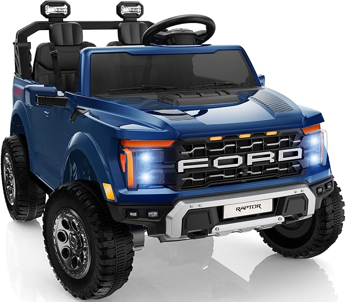 Licensed Ford F-150 Raptor 2 Seater Ride on Car for Kids, 24 Volt Ride on Toys for Boys w/Remote Control, Kids Electric Car w/LED Lights, Bluetooth, Truck Bed Storage, Soft Start (Blue)
