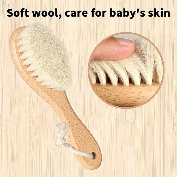 Baby Hair Care Kit, 5 in 1 Wooden Natural Goat Bristles Brush Cradle Cap Comb Baby Grooming Kit for Newborns Toddlers Boys Girls Gift