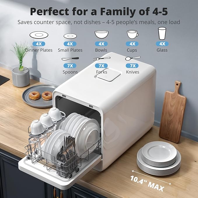 AIRMSEN Portable Countertop Dishwasher with 5L Water Tank, Mini Dishwasher with 14.6” Narrow & 20.1“ Deep Design, 9 Programs, 24H Delay Start & 360° Dual Spray, No Hookup Needed, C01, White
