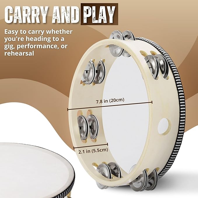 Flexzion Wood Handheld Tambourine for Kids (2 Pack) 8 Inch Double Row 12 Pair Jingles, Hand Held Percussion Drum Moon Musical Instrument with Metal Bell