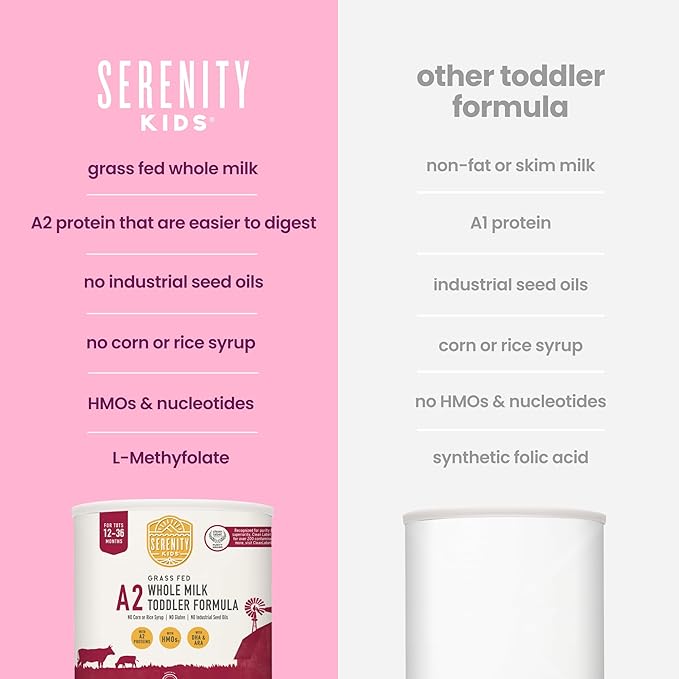 Serenity Kids 12-36 Months A2 Whole Milk Toddler Formula Powder - Organic Grass-Fed Milk Powder with Prebiotics & DHA & ARA for Brain & Eye Support - Clean Label Purity Award Certified - 21 Oz, 1 Pack