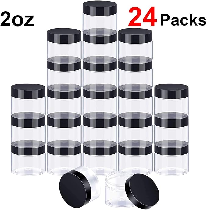 SATINIOR 24 Pieces Empty Clear Plastic Jars with Lids Round Storage Containers Wide-Mouth for Beauty Product Cosmetic Cream Lotion Liquid Butter Craft and Food (Black Lid, 2 oz)