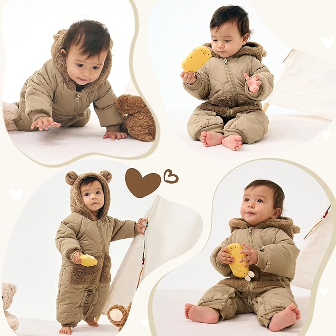 JiAmy Baby Snowsuit Newborn Winter Clothes Coat Romper Windproof Fleece Hat Zipper Baby Bear Outfit