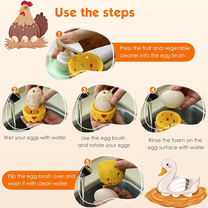 Egg Brush Cleaner, Egg Cleaner Scrubber for Fresh Eggs, Cute Chick Shaped Silicone Egg Washer, Reusable Multipurpose Washing Egg Tool for Fruits and Vegetables(Brown,1 Set)