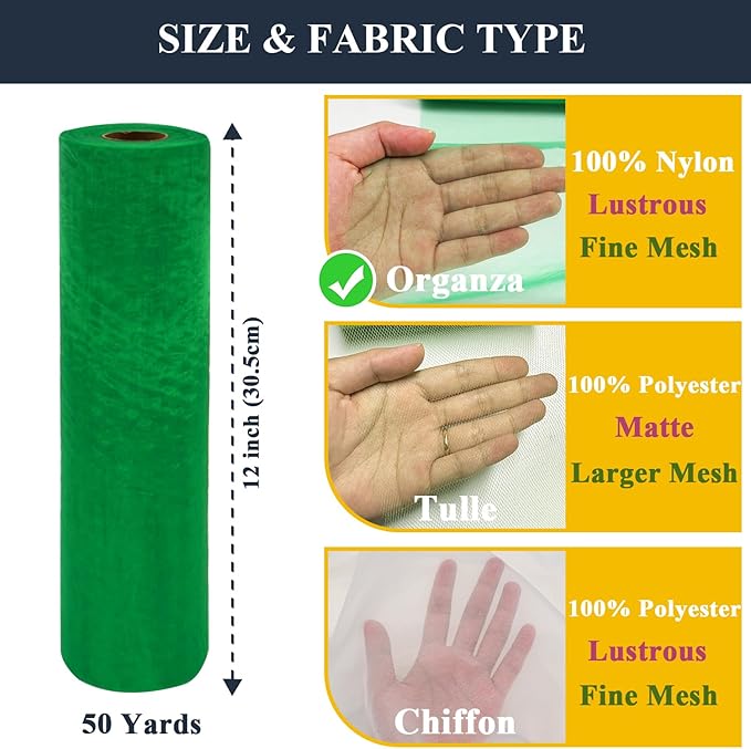 Green Organza Tulle Fabric Rolls, Crystal Organza 12" by 50 Yards (150 ft) Sheer Nylon Silky Shiny Netting Spool Bolt for DIY Craft Table Runner Wedding Baby Shower Party Decor (Emerald Green)