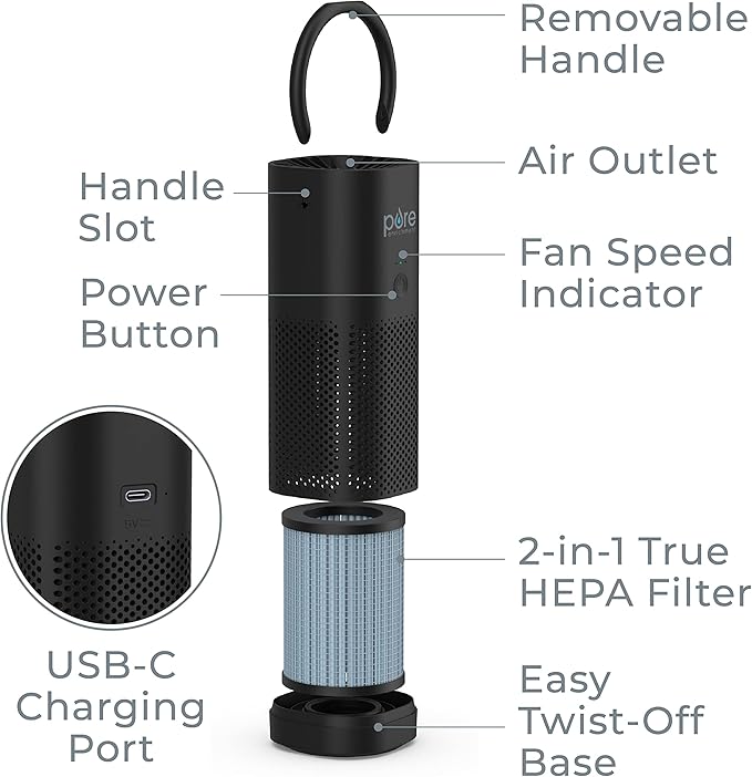 Pure Enrichment PureZone Mini Portable Air Purifier - Cordless True HEPA Filter Cleans Air & Eliminates 99.97% of Dust, Odors, & Allergens Close to You - Cars, School, & Office (Black)