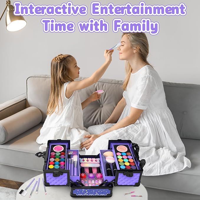 Hollyhi 59Pcs Kids Makeup Kit for Girl, Washable Play Makeup Toys Set for Dress Up, Beauty Vanity Set with Cosmetic Case Birthday Toys for Girls 3 4 5 6 7 8 9 10 11 12 Year Old Kids Toddlers (Purple)