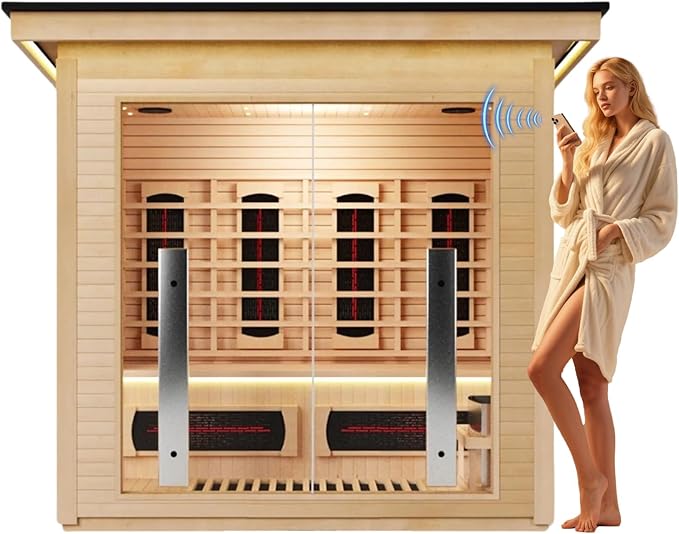 3-Person Far Infrared & Steam Dual-System Sauna Room, Outdoor Canadian Hemlock Wood Sauna, WiFi Control, Red Light Therapy, 11 Heaters& Electric Stove, Left Door, 220-240V