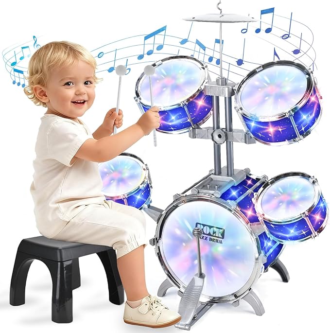 Upgraded Kids Drum Set for Toddlers w/ Light (All Plastic), Musical Gifts Toys for Boys Girls, Kids Jazz Drum Kit for Beginner Music Practice, Christmas Birthday Gift