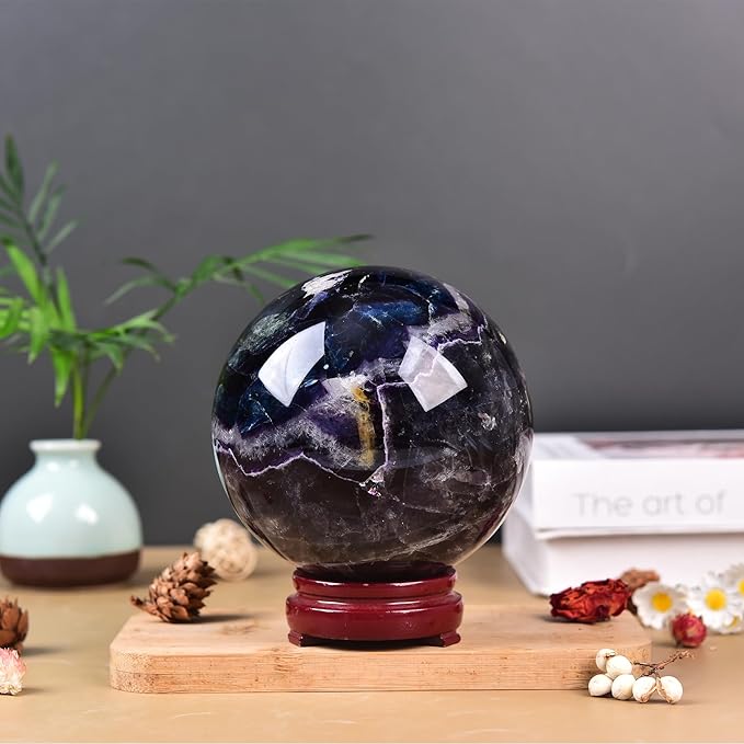 JIC Gem Extra Large Colorful Fluorite Crystal Sphere,Decorative Crystal Ball Fluorite Gemstone Sphere for Meditation,Office Table Decorations 110-120mm