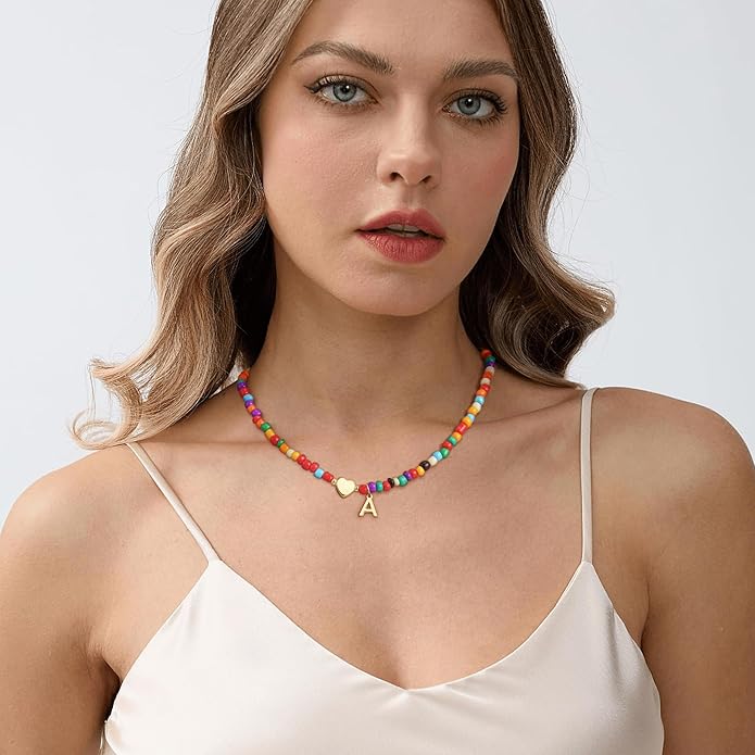 Colorful Initial Necklaces for Girls Women Kids - Teen Girls Gifts Trendy Beaded Initial Necklace Dainty Letter Gifts Choker Necklace for Girl Jewelry