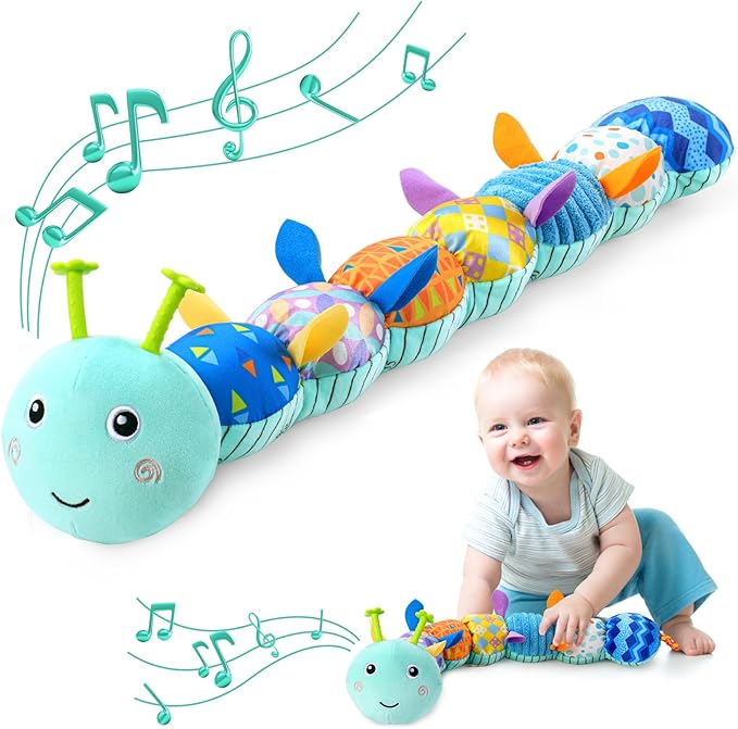 Baby Toys 0 to 12 Months, Musical Stuffed Animal Activity Soft Toy with Multi-Sensory Crinkle, Rattle and Textures, Infant Tummy Time Toys for Newborn Boys Girls, Caterpillar, Blue