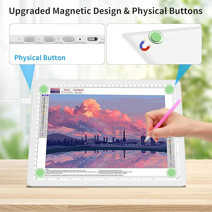 TOHETO A4 Light Board for Diamond Painting, Super Bright Magnetic Light Pad with Side Buttons, Lightbox for Tracing and Drawing, Corded Light Table for Sketching, Animation, Weeding Vinyl (White)