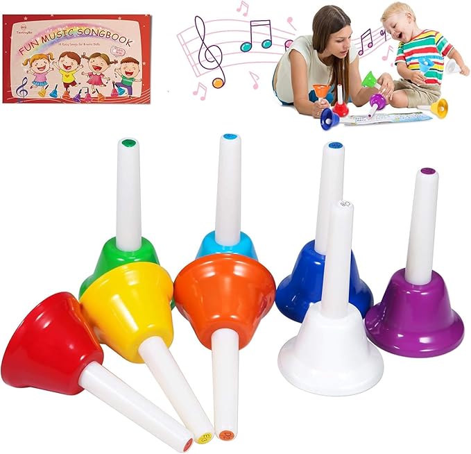 Hand Bells, 8 Note Musical Handbells Set with 17 Songbook Musical Toy Percussion Instrument for Toddlers Children Kids for Children's Day Family Activity School and Church (Multicolored)