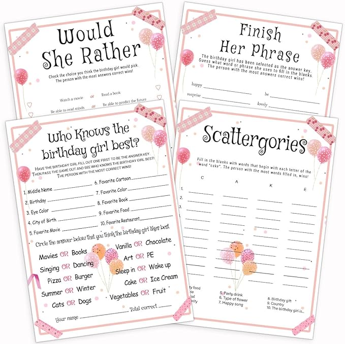Birthday Party Games Set for Girls, Funny Girls Party Game, Girl Birthday‘s Supplies, Activity, Decorations, Includes Who Knows the Birthday Girl Best, Scattergories, 20 Double Sided Games Cards