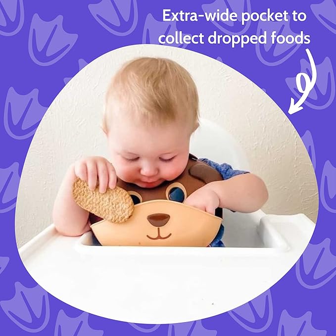 Silly Goose Set of 2 Silicone Animal Baby Bibs for Babies and Toddlers, Waterproof, Adjustable, Soft, Extra Wide Food Catcher Pocket (2PK Panda+Bear)