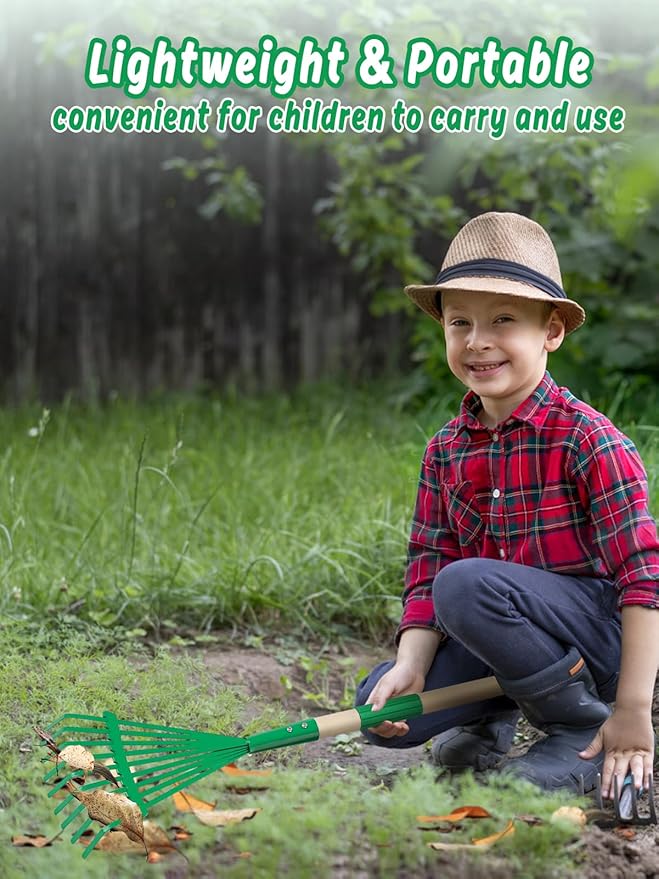 Kids Friendly Rakes for Leaves - 28" Child Size Small Rake with Durable Metal Head & Hardwood Handle, Real Lawn Garden Yard Tools for 3+ Years Kids Enjoy Helping Work Gifts (Green)