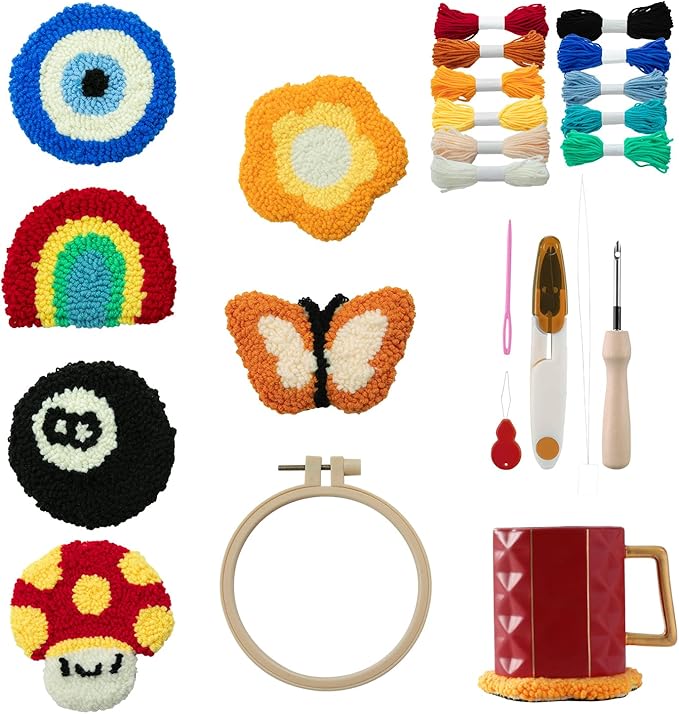 Anidaroel Punch Needle Coaster Kit, Punch Needle Kits for Adults Beginners Include 6 Pattern Tufted Coasters with Adhesive Felt Yarns, Hoops, Tools, Coaster DIY Needle Punch Craft