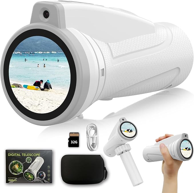 Kids Monocular for Bird Watching & Astronomy - Digital Telescope with Self-Timer, Boys Girls Camping Outdoor Exploration (White)