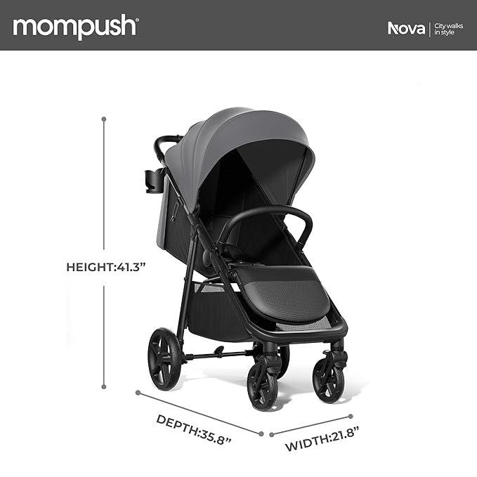 Mompush Nova Baby Stroller for Toddler, Infant & Newborn | Spacious Seat & Lie-Flat Mode | Compact One-Hand Fold, UPF 50+ Canopy & All-Wheel Suspension | Includes Rain Cover & Cup Holder, Grey