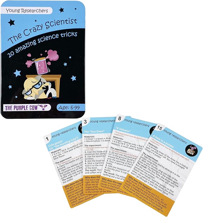 The Crazy Scientist Science Tricks Card Set - Young Researchers 20 Amazing Science Tricks. For Learning & Education - STEM Educational Games for Kids, Boys & Girls, with Instructions