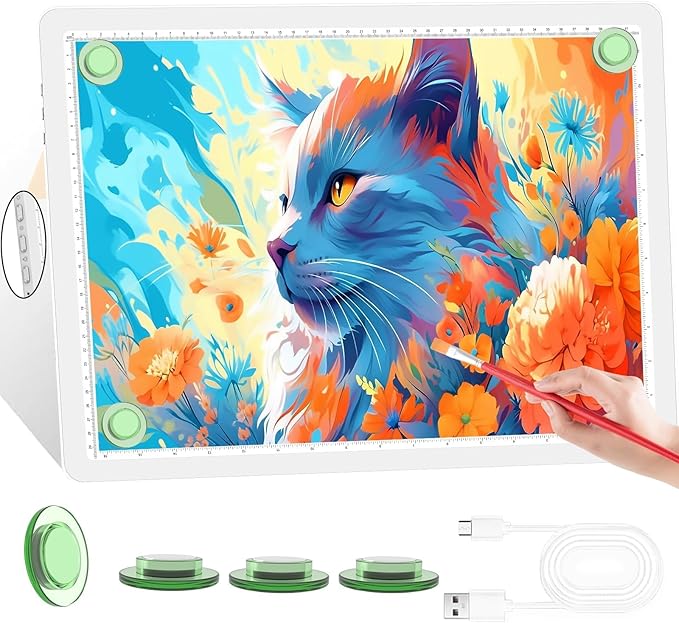 KOBAIBAN A3 Magnetic Light Box for Tracing, Rechargeable Diamond Art Light Board with Side Physical Buttons, 3 Color Light Modes Super Bright Light Pad for Diamond Painting, Weeding Vinyl (White)