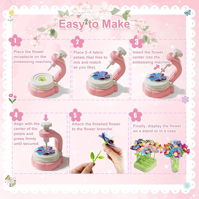 Xuoent Fabric Flower Bouquets Toys, Kids Craft Kits Ages 4-12, DIY Flower Making Kit, Creative Arts and Crafts for Kids, 4 5 6 7 8 Year Old Girl Birthday Gift