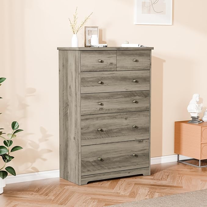 VINGLI Tall Dresser, Rustic Grey Dresser 6 Drawer Chest of Drawers, Wood Gray Dressers for Bedroom, Hallway, Home Office, 31.5" W x 15.75" D x 47.64" H