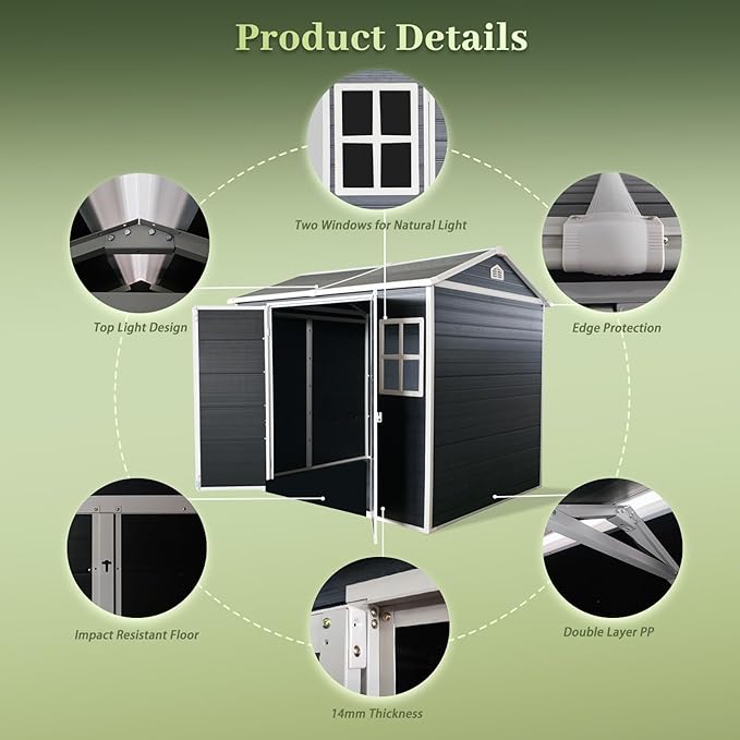 8x4ft Resin Outdoor Storage Shed with Floor and 2 Windows, Plastic Sheds & Outdoor Storage Clearance for Patio Furniture,GardenTools, Bike Accessories and Lawn Mower, Carbon Black
