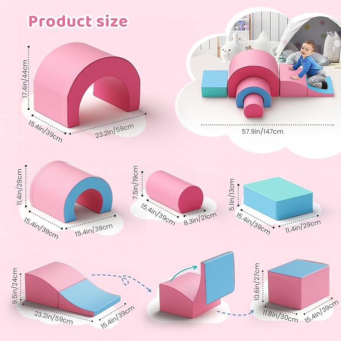 Lischwert Foam Climbing Blocks, Soft Climbing Toys for Toddlers, 5 Pieces Crawl and Climb Foam Playset with Foldable Block and Tunnel, Indoor Climber Activity Play Set for Kids Age 1+(Pink Blue)