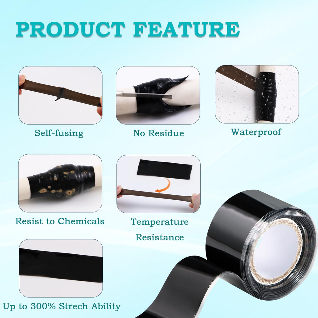 Self Fusing Silicone Tape 1 in x 5' Black Waterproof Rubber Leak Proof Sealing Silicone Rubber Self-amalgamating Tape for Emergency Hot and Cold Water Pipe Repairs and Tool Fixation