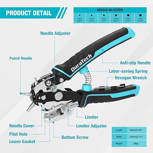 DURATECH Leather Hole Punch, Heavy Duty Belt Hole Punch Plier with 6 Solid Holes for Belts, Watch Bands, Straps, Pet Collars, Saddles, Shoes, Fabric, DIY Home or Christmas Craft Projects