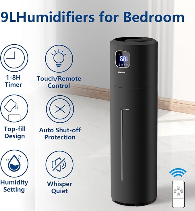 Large Humidifiers for Bedroom, 9L/2.5Gal Ultrasonic Cool Mist, Easy Clean with 350ML/H Large Mist Speed, Quiet Tower, Suitable for Kids Room Plant Yoga (Black)