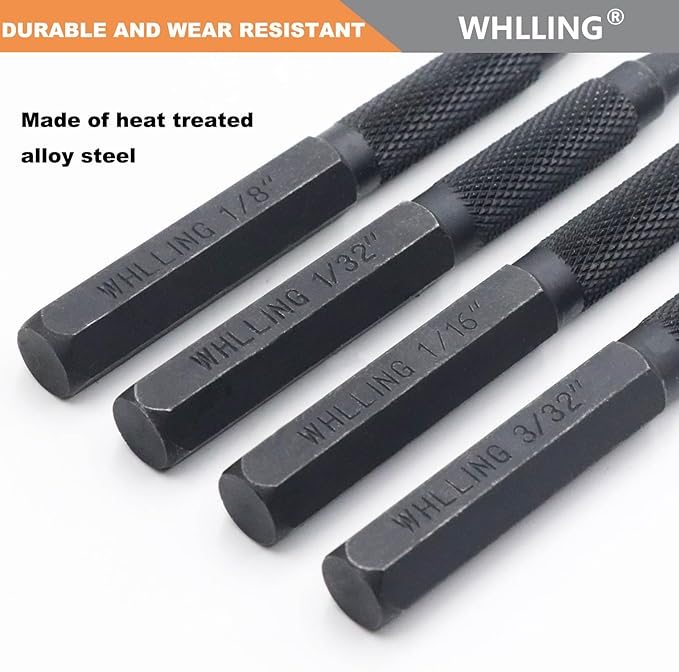 4-Piece Nail Setter Punch and Center Punch Set, Made of High Quality Metal Material with Knurled Grip Includes 1/32", 1/16", 3/32", 1/8" Black-Finished Nail Set