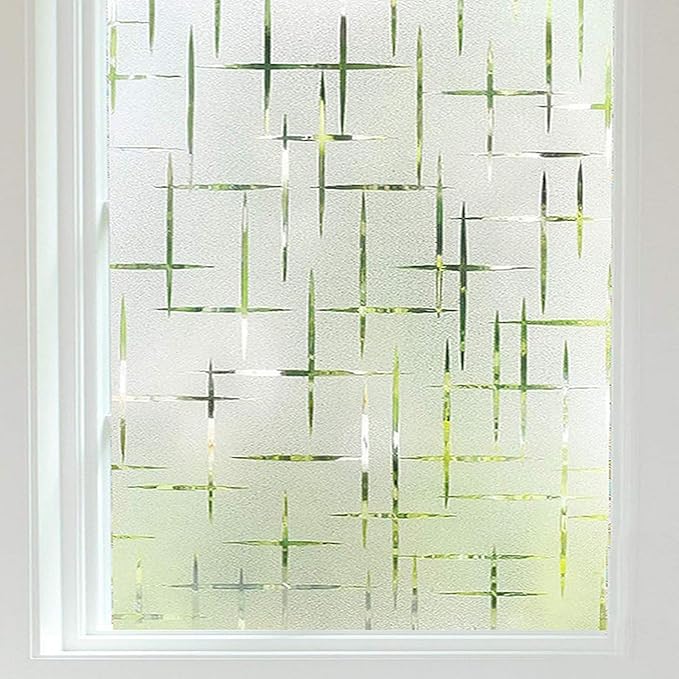Finnez Frosted Window Film Non-Adhesive, Frosting Privacy Film for Glass Windows, Self Static-Cling Decorative Window Cling for Home Office UV Protection Cross Pattern, 35.4 x 157.4 inches