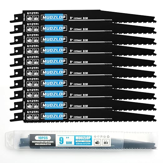 10 Pack 9 inch Reciprocating Saw Blades Set,6/12 TPI High Carbon Saw Blades, Woodcutting Saw Blades with Organizer Case (10, 6/12TPI/225mm)